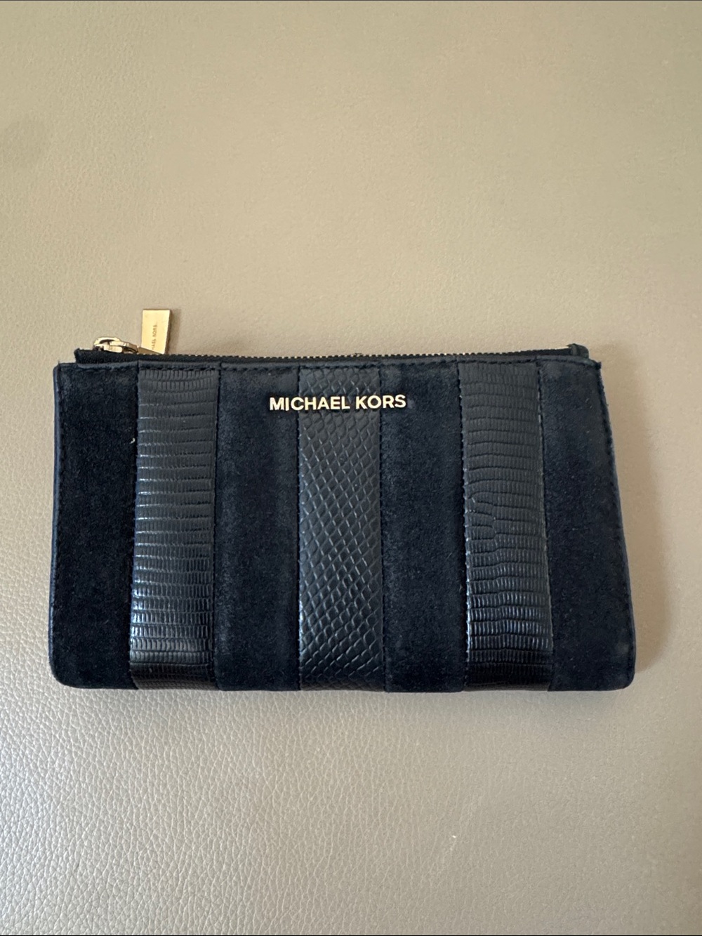 Michael Kors Black Suede & Textured Leather Zip Pouch with Gold Logo